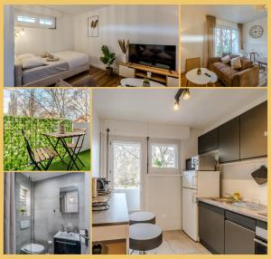 een collage van foto's van een keuken en een woonkamer bij Little cocoon I Studio I Annemasse in Annemasse