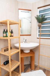 a bathroom with a sink and a mirror at Cozy studio, beach and pool access with sea view in Marigot +24 photos