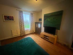 un soggiorno con una TV a schermo piatto su un supporto di Castellmai a Caernarfon