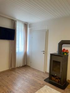 a living room with a fireplace and a white door at Ferienwohnung Kaltenegger in Gaal