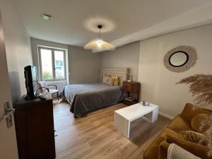 een slaapkamer met een bed, een tv en een bank bij L'annexe in Venouse