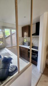 Les Roses - Appartement cosy proche plage - Veules-les-Roses في فول-لي-روز: منظر للمطبخ مع مرآة كبيرة