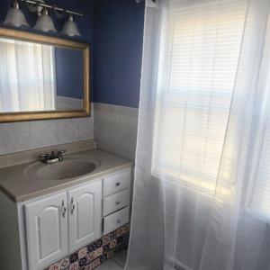 Sofia's Garden في نورث بيرغن: حمام مع حوض ومرآة ونافذة