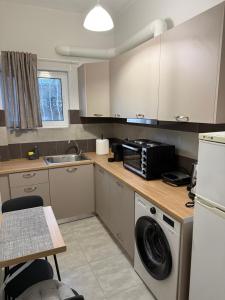 a kitchen with a washing machine and a sink at Demis Sea Breeze Apartment in Artemida