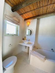 a bathroom with a toilet and a sink and a tub at Cape Holly Beach House in Pringle Bay +28 photos