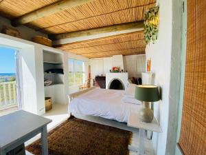 a bedroom with a large bed and a fireplace at Cape Holly Beach House in Pringle Bay