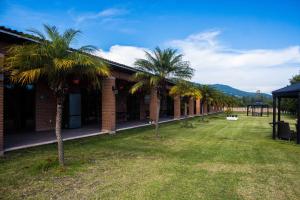 a row of palm trees in front of a building at Hotel Matea San Isidro in Tonatico