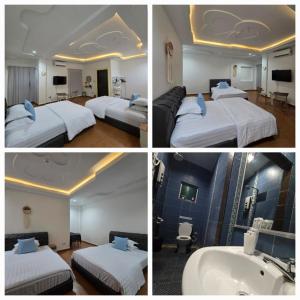 four pictures of a hotel room with two beds and a sink at Magnificent White House Semporna by The Minimalist in Semporna +8 photos