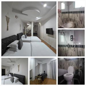 a collage of photos of a bedroom with a bed and a bathroom at Magnificent White House Semporna by The Minimalist in Semporna