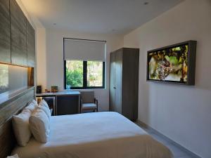 Aventuras Hotel في لوريتو: غرفة نوم بها سرير ومكتب ونافذة