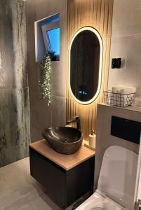 uma casa de banho com um grande lavatório num balcão em Sage Studio em Drobeta-Turnu Severin