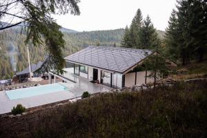 a house with a swimming pool next to a mountain at Berryhouse in Vyshkiv
