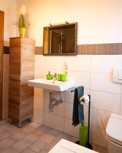 a bathroom with a sink and a mirror at Ferienwohnung Familie Löffler in Ostrach