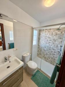 Un baño con inodoro, lavabo y ducha. en Terraza al mar, en Candelaria