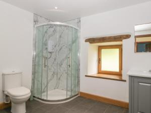 a bathroom with a toilet and a glass shower at Howgill Head in Kendal