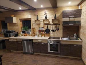 una cocina con fregadero y estufa en Sauna Chata BedRich, en Bedřichov