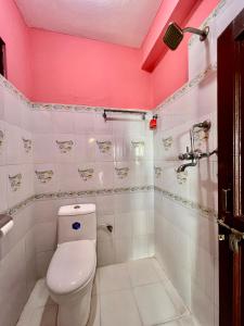 カトマンズにあるKathmandu Valley View Homestayのピンクの壁のトイレとシャワー付きのバスルーム