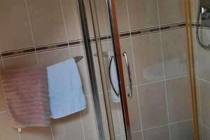 a bathroom with a shower and a towel on the wall at Tranquil Retreat at Ailt Cottage in Dunfanaghy