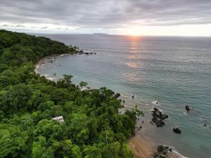 an aerial view of a beach with people in the water at Garden of Heliconias Lodge in Drake