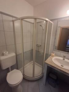 a bathroom with a shower and a toilet and a sink at Velvet Motel in Hegyeshalom