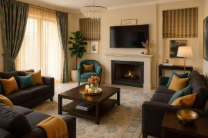 un salon avec deux canapés et une cheminée dans l'établissement Lamon, à Plakias