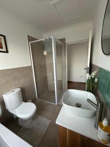 a bathroom with a white toilet and a shower at Serenity Green House near Constantia Winelands in Square Hill