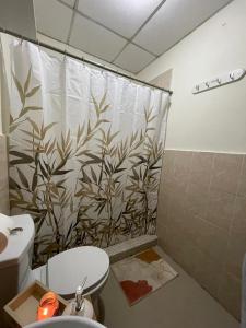 a bathroom with a shower curtain and a toilet at Casa 911 Habitación privada céntrica San Salvador in San Salvador