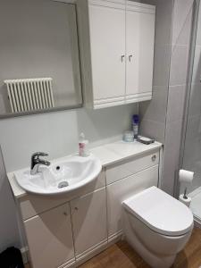 a white bathroom with a sink and a toilet at Cosy Corner in Midhurst