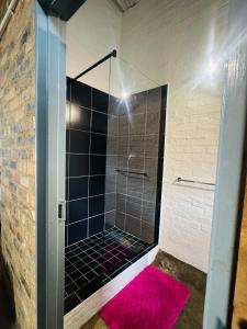 ein Badezimmer mit einer Dusche und einem rosa Teppich in der Unterkunft Blue Haven on Craftmanship Hotel with WiFi Pool & Parking in Johannesburg + 51 Fotos