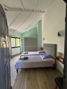 Un dormitorio con una cama grande con almohadas moradas. en Villa Patio Colibri, en Chambort 28 fotos más