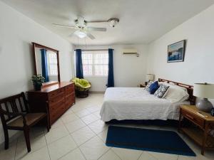 a bedroom with a bed and a desk and a chair at 1B Hastings Towers in Bridgetown