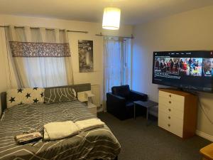 a bedroom with a bed and a flat screen tv at Special in Waltham Cross