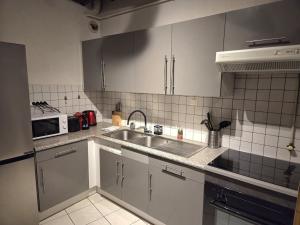 a kitchen with white cabinets and a sink at Le Cosy Center in Thonon-les-Bains