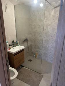 a bathroom with a shower with a toilet and a sink at Vikendica Dedovina selo Negrišori-Lučani in Lučani +11 photos