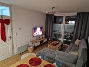 Una sala de estar con un sofá y un televisor. en Apartman Miki, en Vlašić