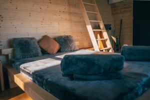 a room with a bed with a couch and a ladder at Rokle Tiny house Plandry in Plandry