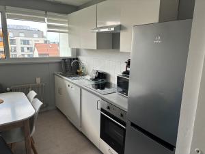 Una cocina con refrigerador de acero inoxidable y una mesa. en Green room - Wifi - Centre ville - Cosy, en Annemasse