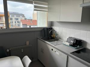 Una pequeña cocina con fregadero y ventana. en Green room - Wifi - Centre ville - Cosy, en Annemasse