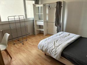 Un dormitorio con una cama y una silla dentro. en Green room - Wifi - Centre ville - Cosy, en Annemasse