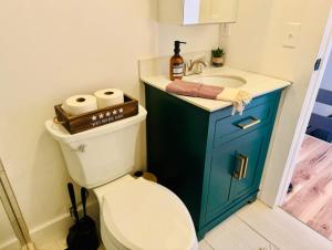 a bathroom with a toilet and a sink with a blue cabinet at Jungle House Luxury Homes - Columbus Downtown Short North - Steps to Convention Center & Nationwide Arena - Sleeps up to 8 - Free Parking - Over 5,800 Five Stars in Columbus +17 photos
