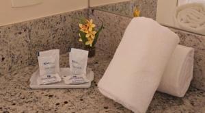 a bathroom counter with a towel and two rolls of toiletries at Hotel Dan Inn Campinas Anhanguera - By Nacional Inn in Campinas