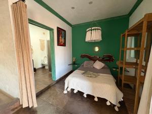 a bedroom with a bed and a green wall at Boho luz terrace in San Miguel de Allende