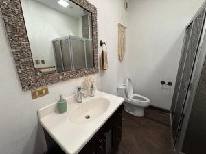 a bathroom with a sink and a mirror and a toilet at Boho luz terrace in San Miguel de Allende +7 photos