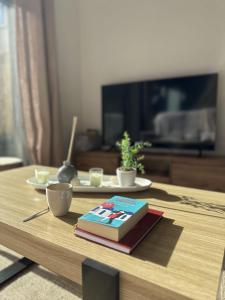 un libro seduto sopra un tavolo di legno di Le refuge de César a Pouzac