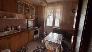 a small kitchen with a sink and a stove at Hostel Apartament in Orhei