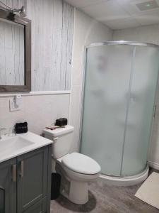 a bathroom with a shower and a toilet and a sink at Bed and Breakfast Du Repos in Saint Quentin