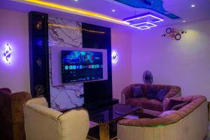 a room with two couches and a tv on a wall at Gpark Luxury Homes And Apartments in Sagamu