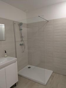 a shower with a glass door in a bathroom at GITE La GRANGE in Launac