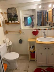 a bathroom with a toilet and a sink at Maison quercynoise Coeur du causse 4 à 8 pers in Durbans