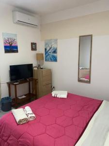 Casa vacanza La Ninfea intera casa في كالتاجيروني: غرفة نوم بسرير كبير مع بطانية ارجوانية